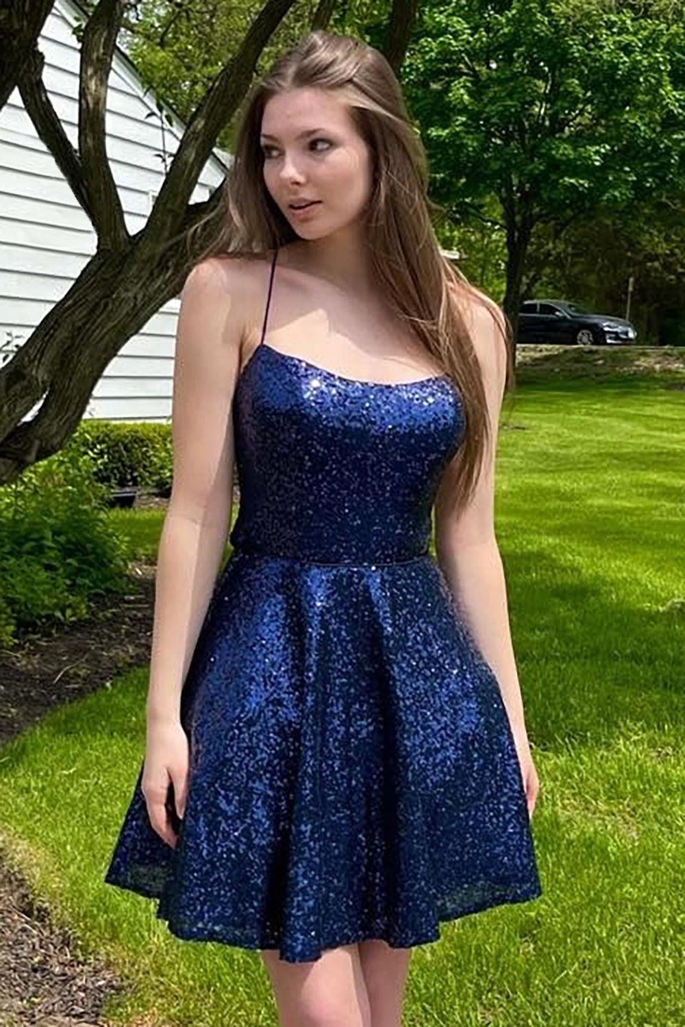 A-Line Navy Sequins Short Homecoming Dress with Criss Cross Back