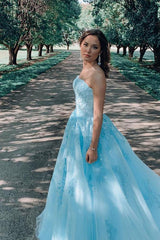 A-Line Sky Blue Lace Applique Strapless Long Prom Graduation Dress