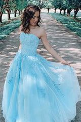 A-Line Sky Blue Lace Applique Strapless Long Prom Graduation Dress