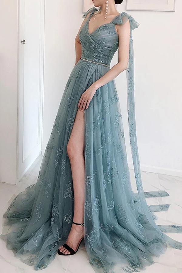 Bow Tie Strap Dusty Blue A-Line Lace Split Prom Dress