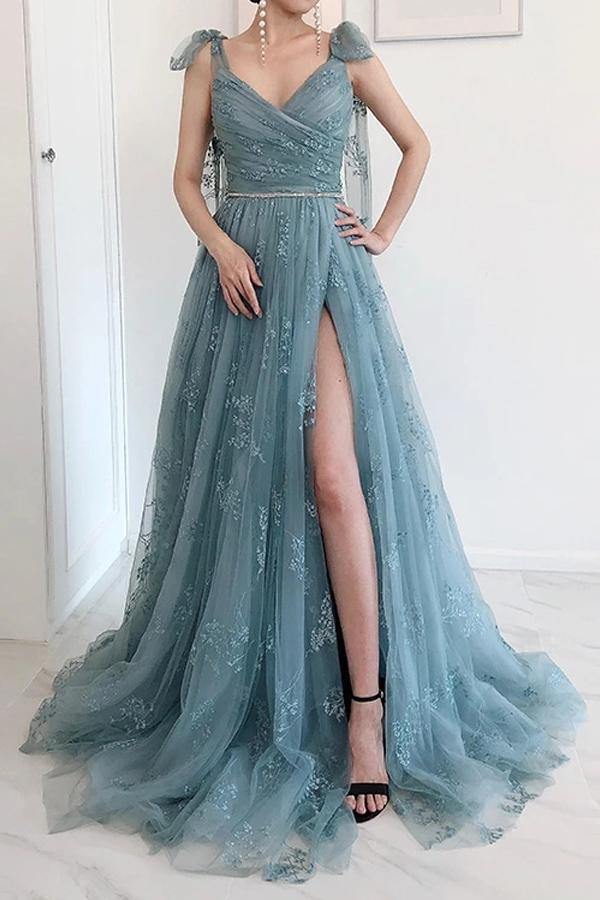Bow Tie Strap Dusty Blue A-Line Lace Split Prom Dress