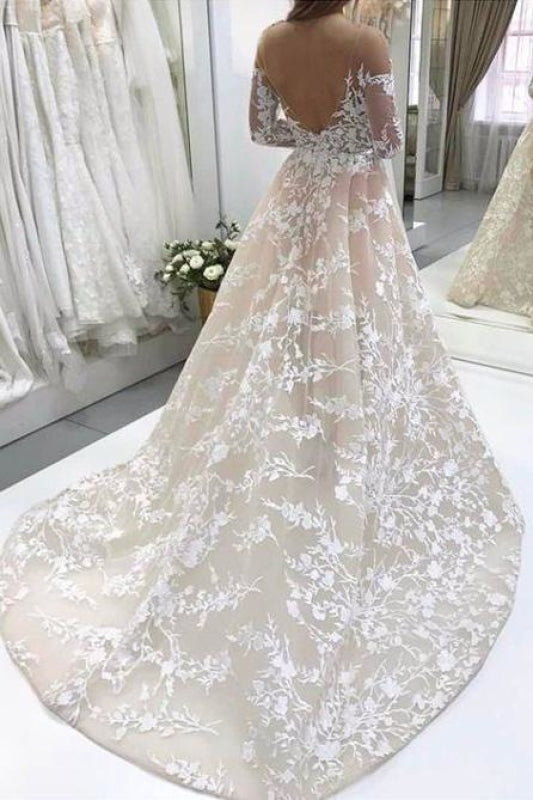 Beautiful A-Line Illusion Tulle Long Sleeve Lace Wedding Dress with Sweep Train