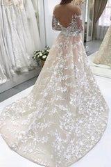 Beautiful A-Line Illusion Tulle Long Sleeve Lace Wedding Dress with Sweep Train