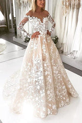 Beautiful A-Line Illusion Tulle Long Sleeve Lace Wedding Dress with Sweep Train