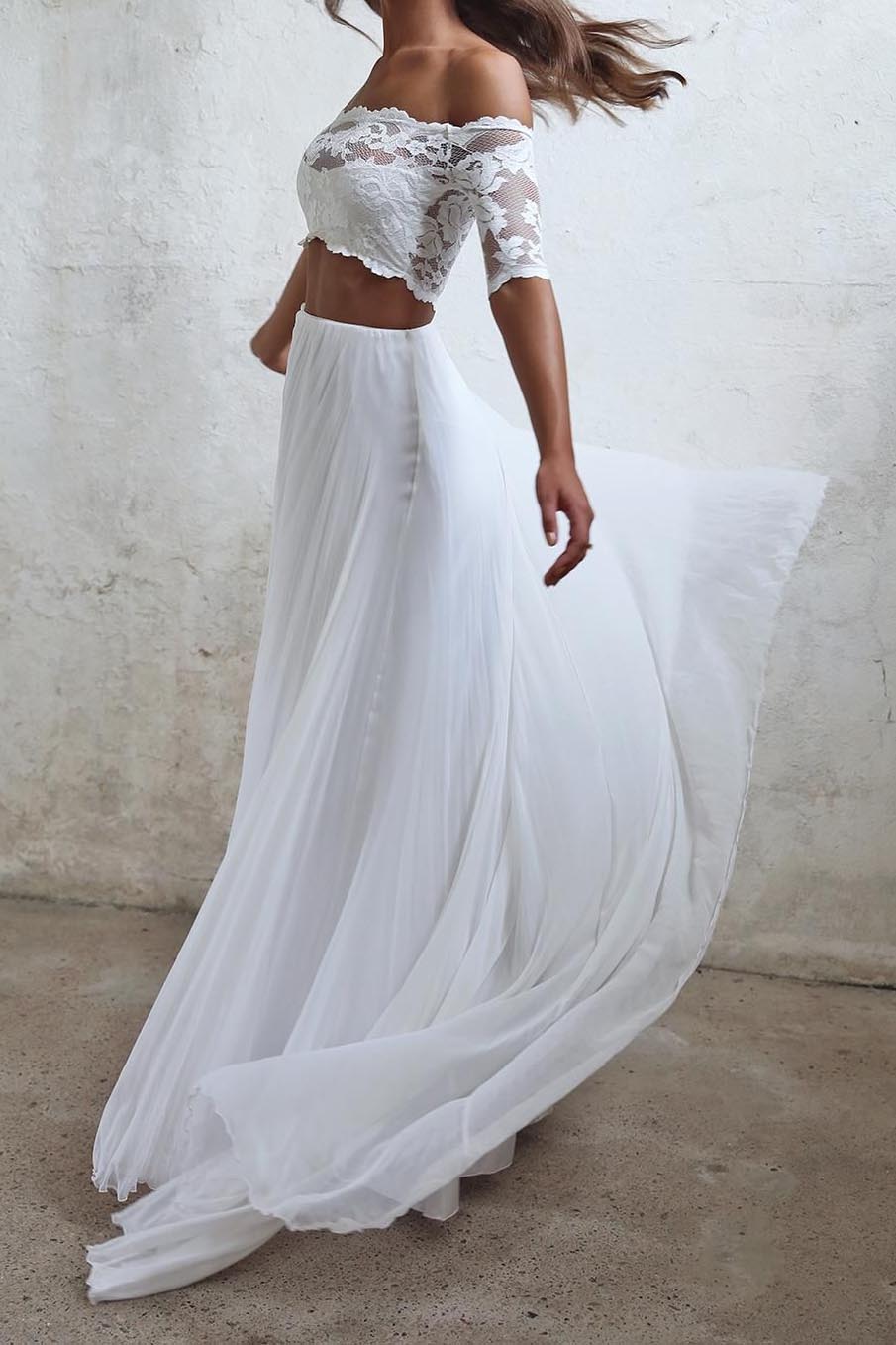 Boho Chiffon Off-Shoulder Two-Piece Beach Wedding Dress