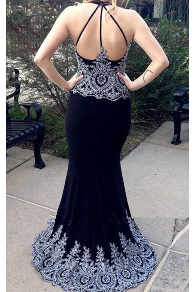 Dark Navy Blue Mermaid V-Neck Prom Dresses with Appliques