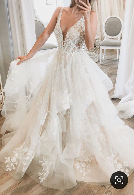 Elegant V-Neck Tulle Prom Dresses, Princess Long Wedding Dresses