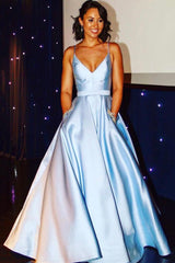 Satin A-Line Light Sky Blue Long Prom Dresses with Beaded Pockets