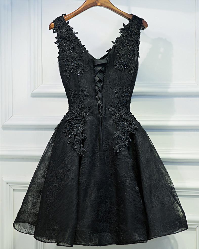 Black Lace Graduation Dress, A-Line Black Homecoming Dress