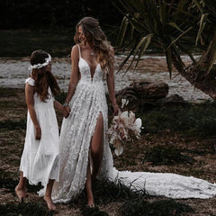 Deep V-Neck Lace Floral A-Line Wedding Dresses with Slit