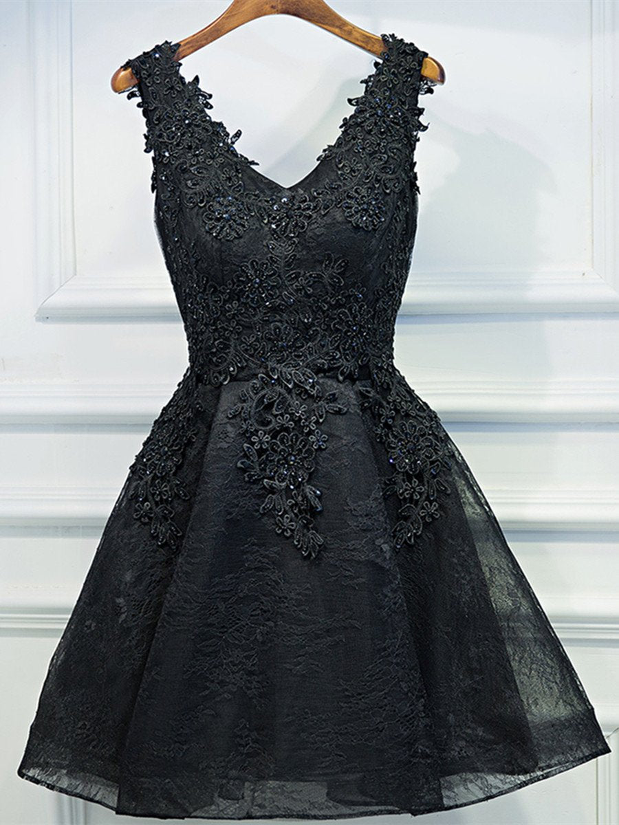 Black Lace Graduation Dress, A-Line Black Homecoming Dress