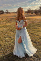 Sky Blue Lace Tulle Long Prom Dresses, Off-the-Shoulder A-Line Formal Gown