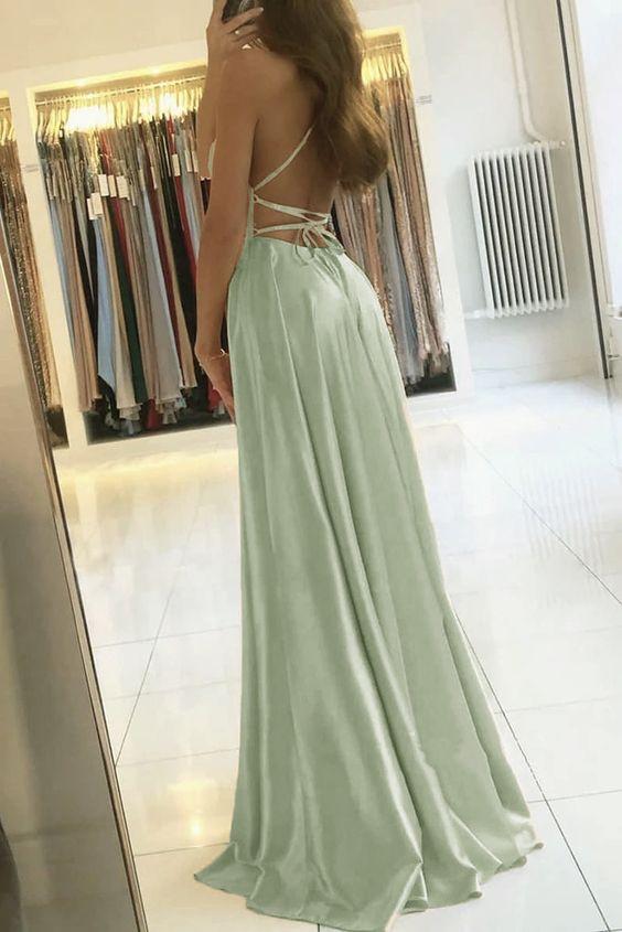Simple A-Line Long Prom Dresses with Slit, Backless Evening Dress