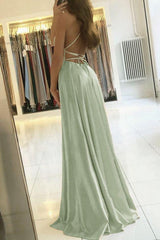 Simple A-Line Long Prom Dresses with Slit, Backless Evening Dress