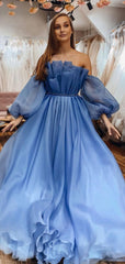 Elegant Blue Off-Shoulder Bubble Sleeves A-Line Ruffle Long Prom Dress