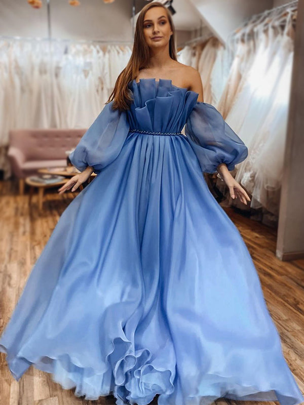 Elegant Blue Off-Shoulder Bubble Sleeves A-Line Ruffle Long Prom Dress