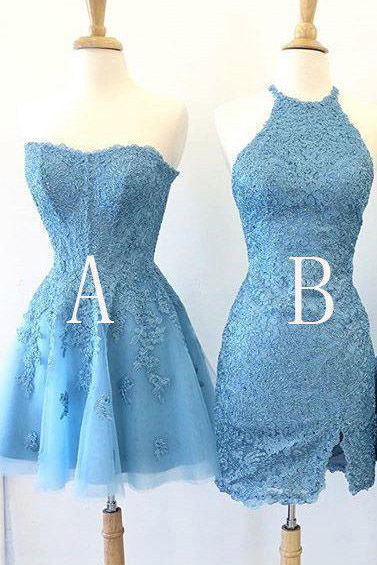 Gorgeous Lace Short Homecoming Dresses, A-Line Light Blue Party Dresses