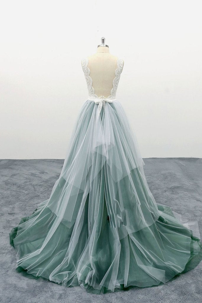 A-Line Tulle Long Prom Dress, Backless Evening Dress with Lace Top