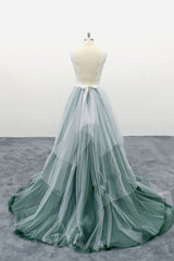 A-Line Tulle Long Prom Dress, Backless Evening Dress with Lace Top