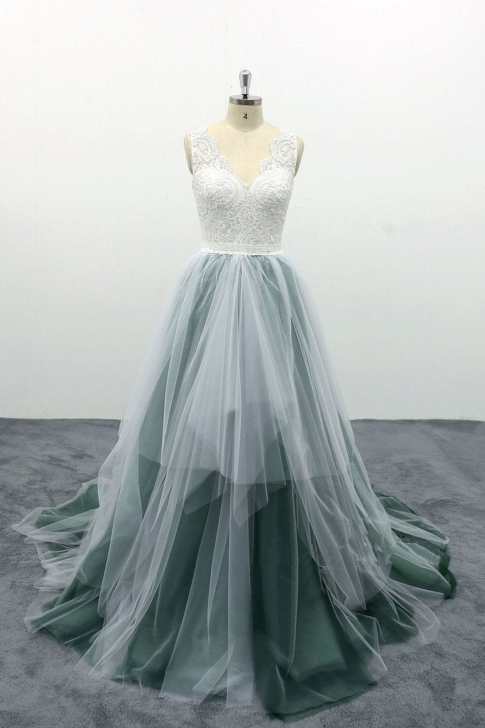 A-Line Tulle Long Prom Dress, Backless Evening Dress with Lace Top
