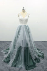 A-Line Tulle Long Prom Dress, Backless Evening Dress with Lace Top