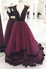 Elegant Grape Long Prom Dress, V-Neck Tulle Formal Evening Gown