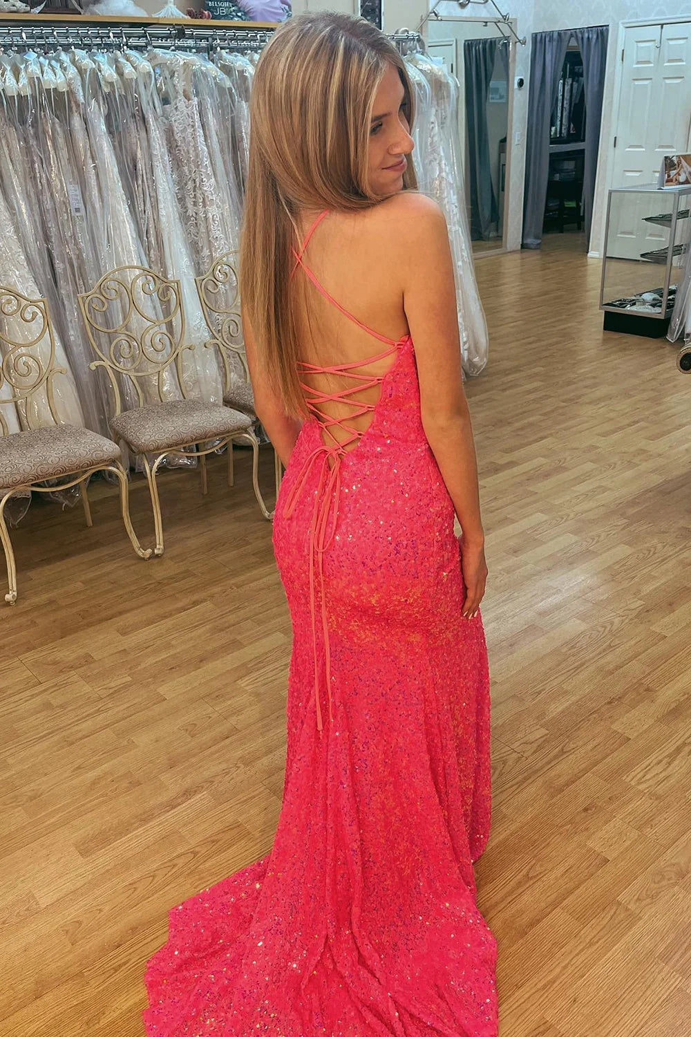 Charm Hot Pink Sequins Mermaid Prom Dress, Lace-Up Back Evening Gown