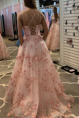 Pink Tulle Floral Long Prom Dresses A-Line Graduation Gown with Pockets