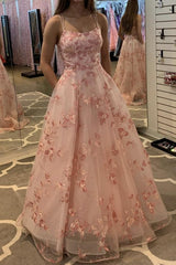 Pink Tulle Floral Long Prom Dresses A-Line Graduation Gown with Pockets