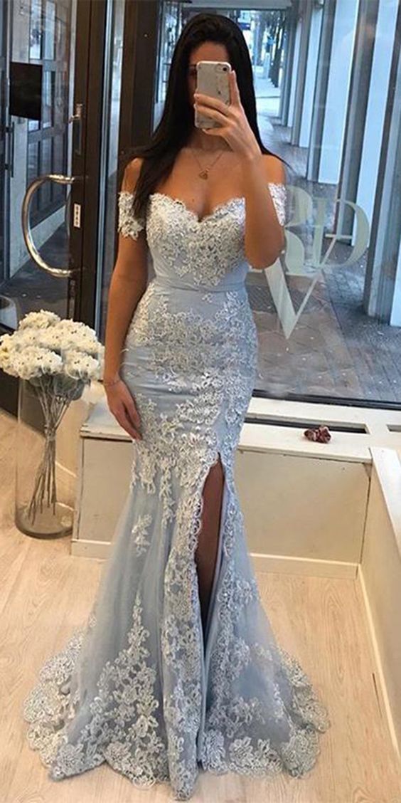 Blue Off-Shoulder Split Mermaid Prom Dress with Lace Applique