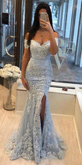 Blue Off-Shoulder Split Mermaid Prom Dress with Lace Applique