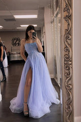 A-Line Spaghetti Straps Lilac Tulle Beading Long Prom Dress with Slit