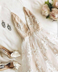 Charm A-Line V-Neck Homecoming Dress with Lace Appliques