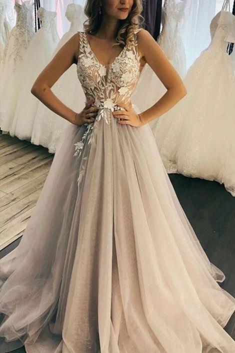 Charming V Neck Tulle A-Line Sleeveless Long Wedding Dresses