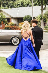 Royal Blue Satin Long Prom Dresses with Cross Back, Simple Slit Graduation Gown