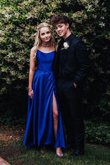 Royal Blue Satin Long Prom Dresses with Cross Back, Simple Slit Graduation Gown
