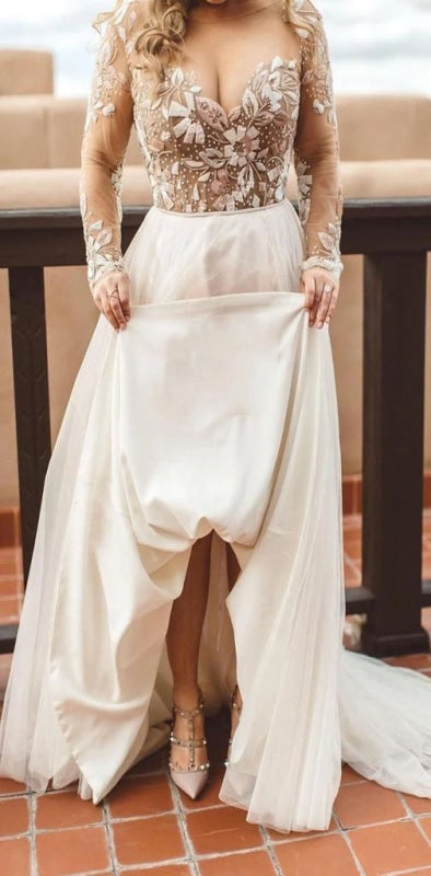 Beaded Applique Long Sleeve Tulle Beach Wedding Dress