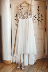 Beaded Applique Long Sleeve Tulle Beach Wedding Dress