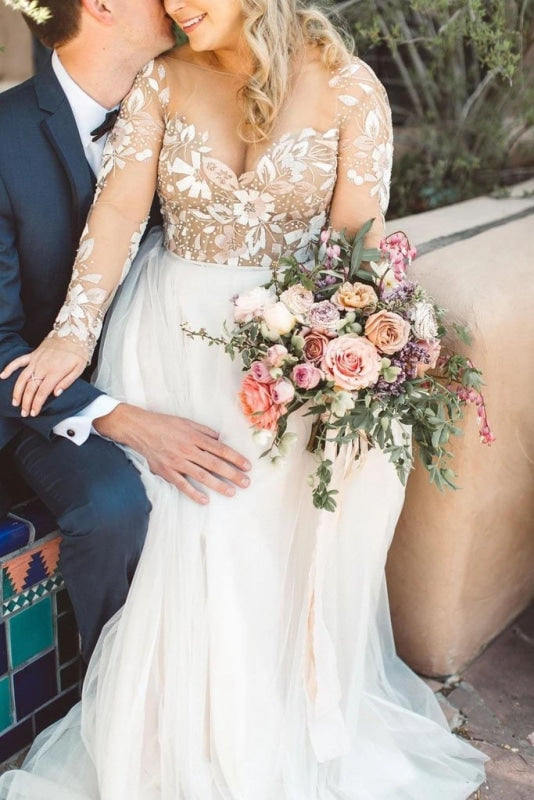 Beaded Applique Long Sleeve Tulle Beach Wedding Dress