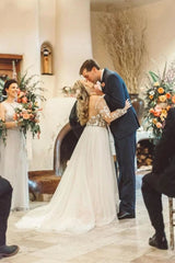 Beaded Applique Long Sleeve Tulle Beach Wedding Dress