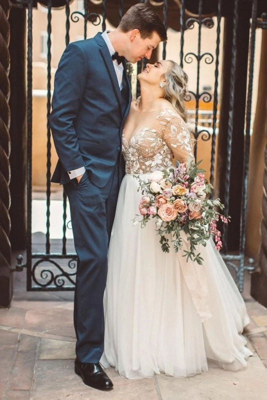Beaded Applique Long Sleeve Tulle Beach Wedding Dress