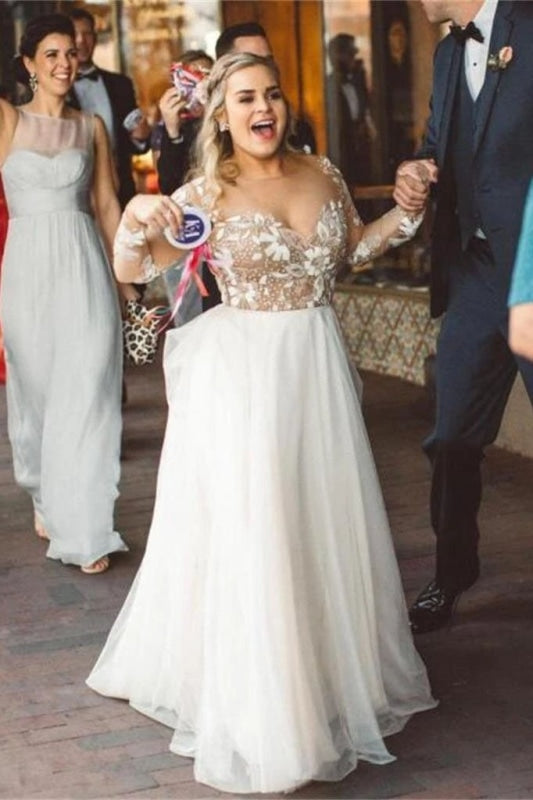 Beaded Applique Long Sleeve Tulle Beach Wedding Dress