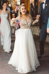Beaded Applique Long Sleeve Tulle Beach Wedding Dress