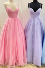 A-Line Sparkly Lavender Tulle Long Prom Dress, Backless Formal Gown