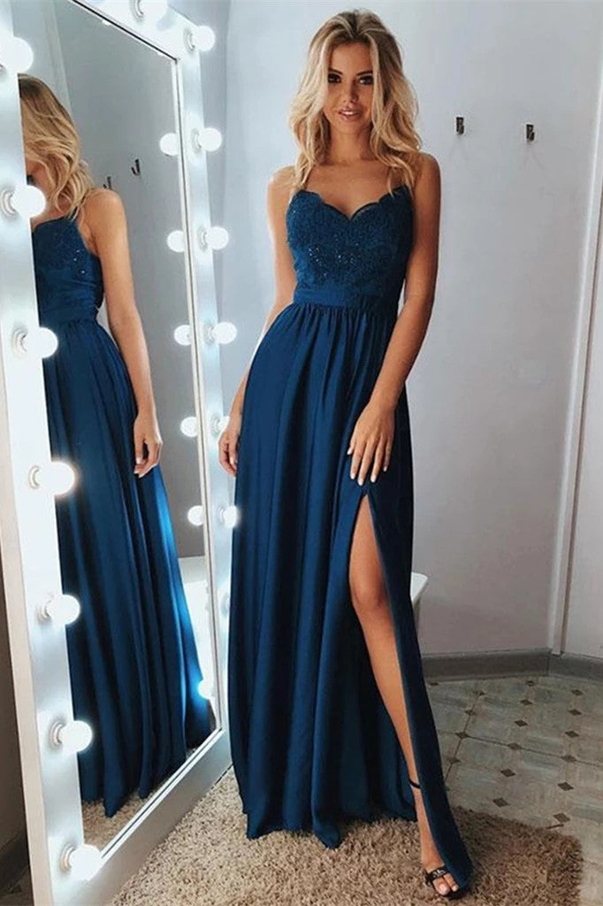 A-Line Lace Applique Dark Navy Long Prom Dress with Split