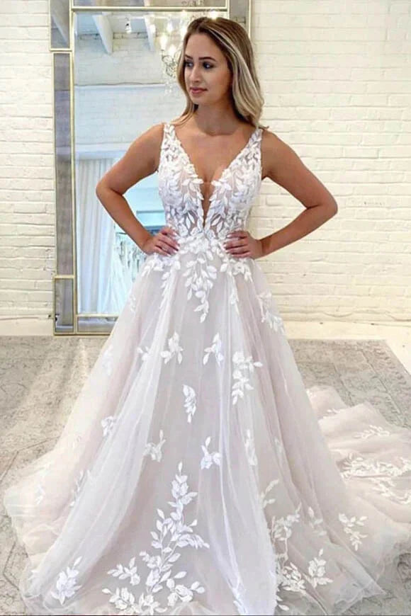 Charming Deep V-Neck Lace Applique Wedding Dress with Train