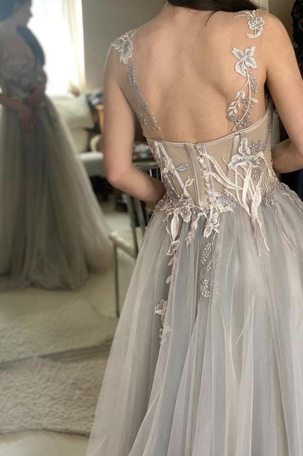 A-Line See-Through Gray Tulle Lace Long Prom Formal Dress