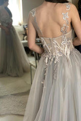 A-Line See-Through Gray Tulle Lace Long Prom Formal Dress