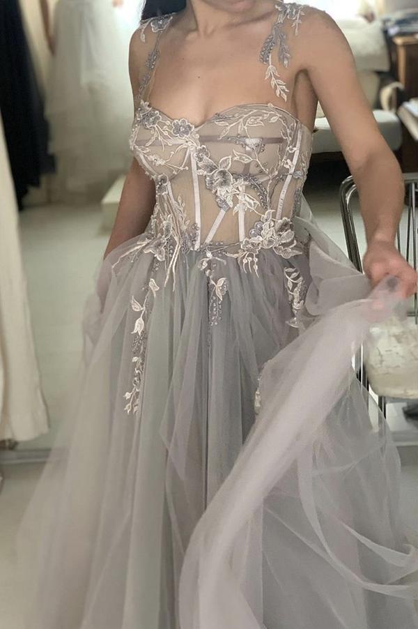 A-Line See-Through Gray Tulle Lace Long Prom Formal Dress