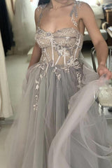 A-Line See-Through Gray Tulle Lace Long Prom Formal Dress
